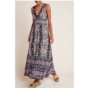 Maeve Anthropologie Giulietta Maxi Dress L Black Floral V Neck Boho Cottagecore
